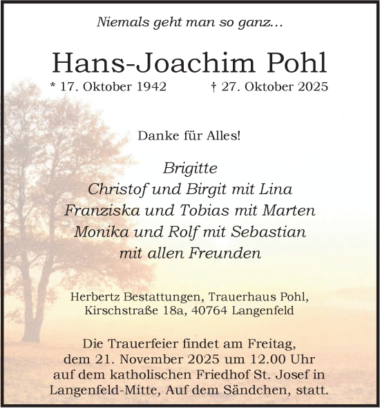 Traueranzeige von Hans-Joachim Pohl von Tageszeitung