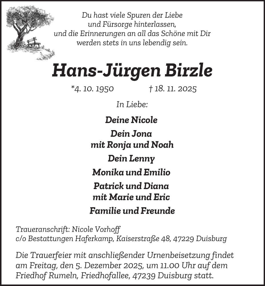  Traueranzeige für Hans-Jürgen Birzle vom 29.11.2025 aus Tageszeitung