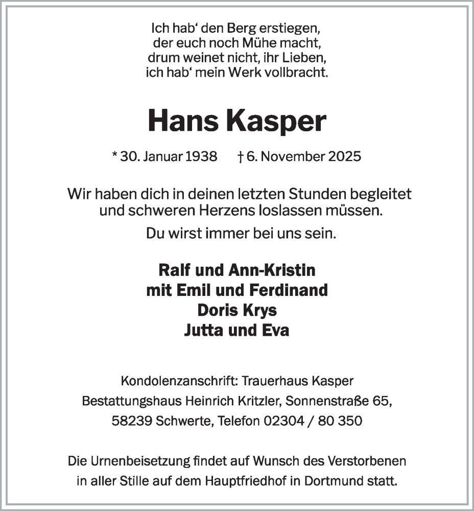  Traueranzeige für Hans Kasper vom 15.11.2025 aus Tageszeitung