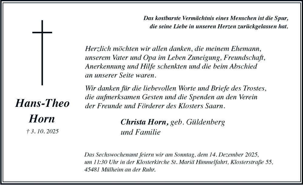  Traueranzeige für Hans-Theo Horn vom 22.11.2025 aus Tageszeitung