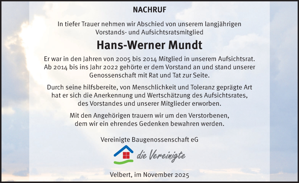  Traueranzeige für Hans-Werner Mundt vom 29.11.2025 aus Tageszeitung