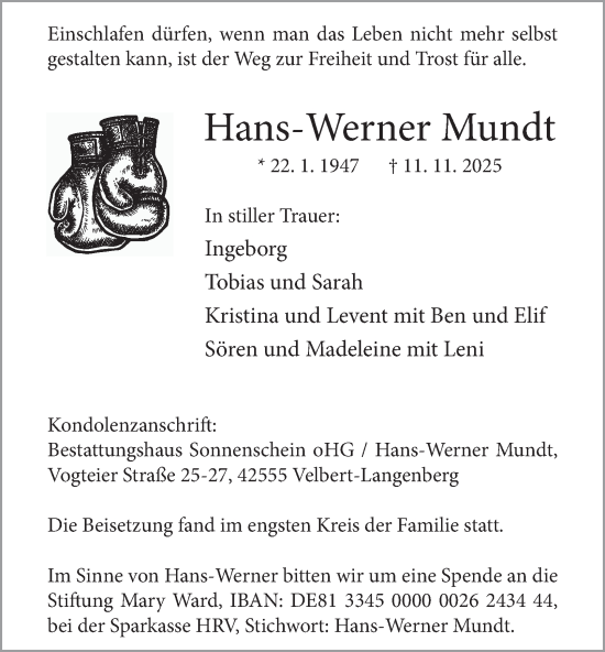 Traueranzeige von Hans-Werner Mundt von Tageszeitung