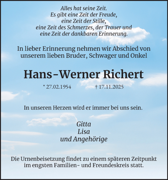 Traueranzeige von Hans-Werner Richert von Tageszeitung