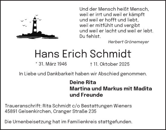 Traueranzeige von Hans Erich Schmidt von Tageszeitung