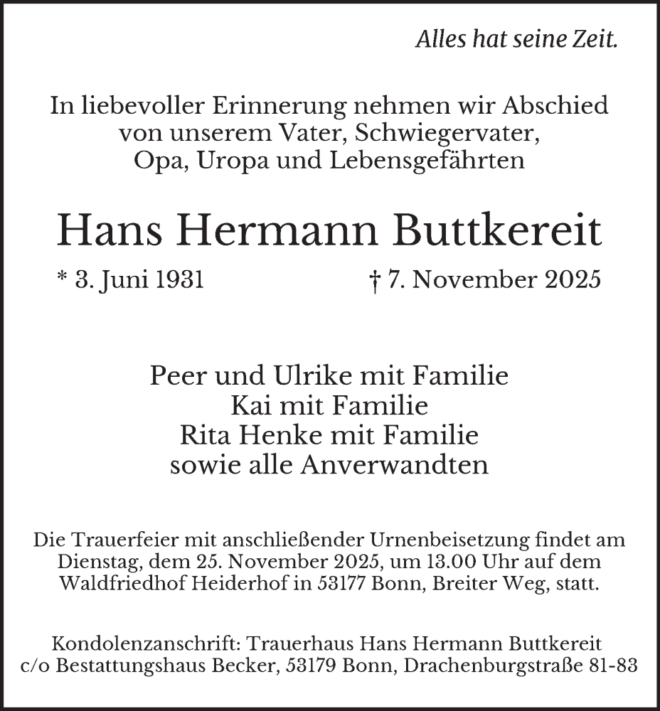  Traueranzeige für Hans Hermann Buttkereit vom 15.11.2025 aus Tageszeitung