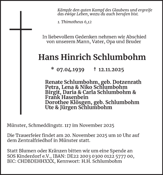 Traueranzeige von Hans Hinrich Schlumbohm von Tageszeitung