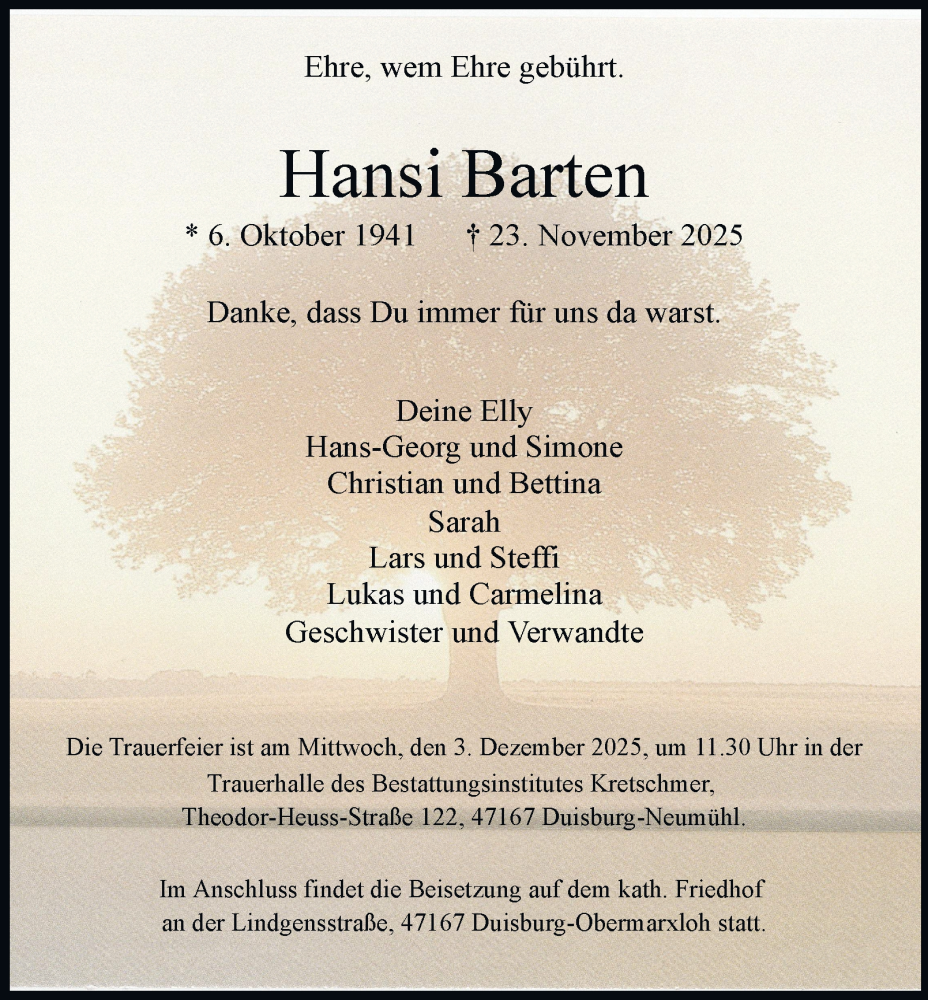  Traueranzeige für Hansi Barten vom 29.11.2025 aus Tageszeitung