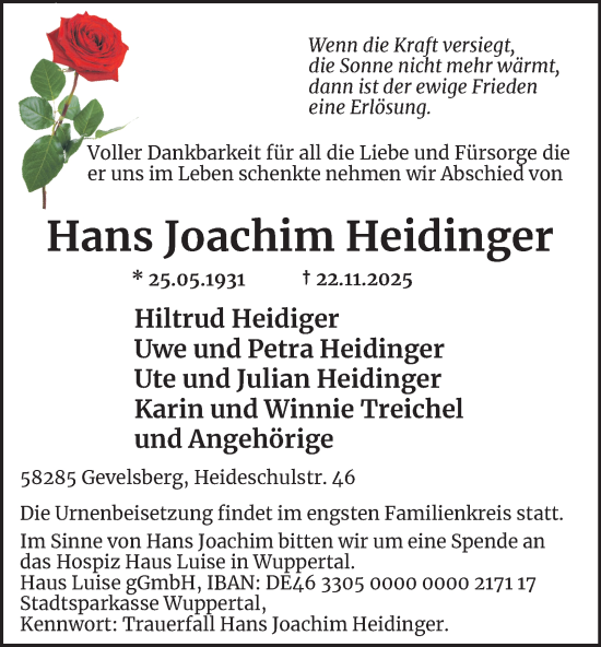 Traueranzeige von Hans Joachim Heidinger von Tageszeitung