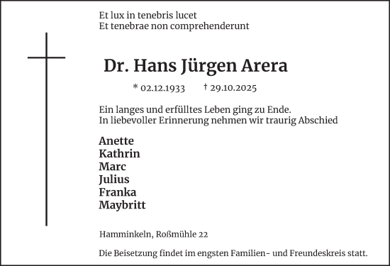 Traueranzeige von Hans Jürgen Arera von Tageszeitung
