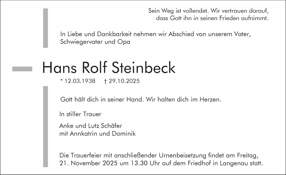  Traueranzeige für Hans Rolf Steinbeck vom 15.11.2025 aus Tageszeitung