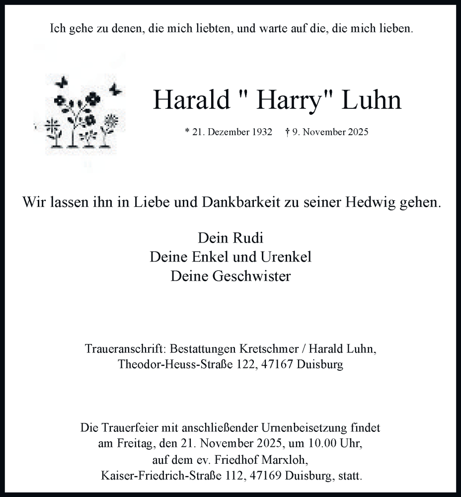  Traueranzeige für Harald Luhn vom 15.11.2025 aus Tageszeitung