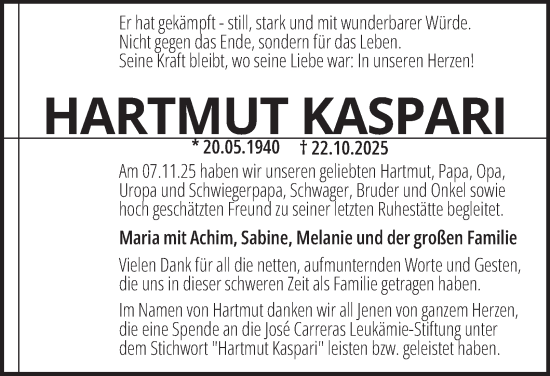 Traueranzeige von Hartmut Kaspari von Tageszeitung