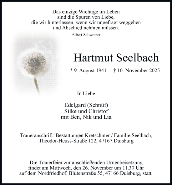 Traueranzeige von Hartmut Seelbach von Tageszeitung