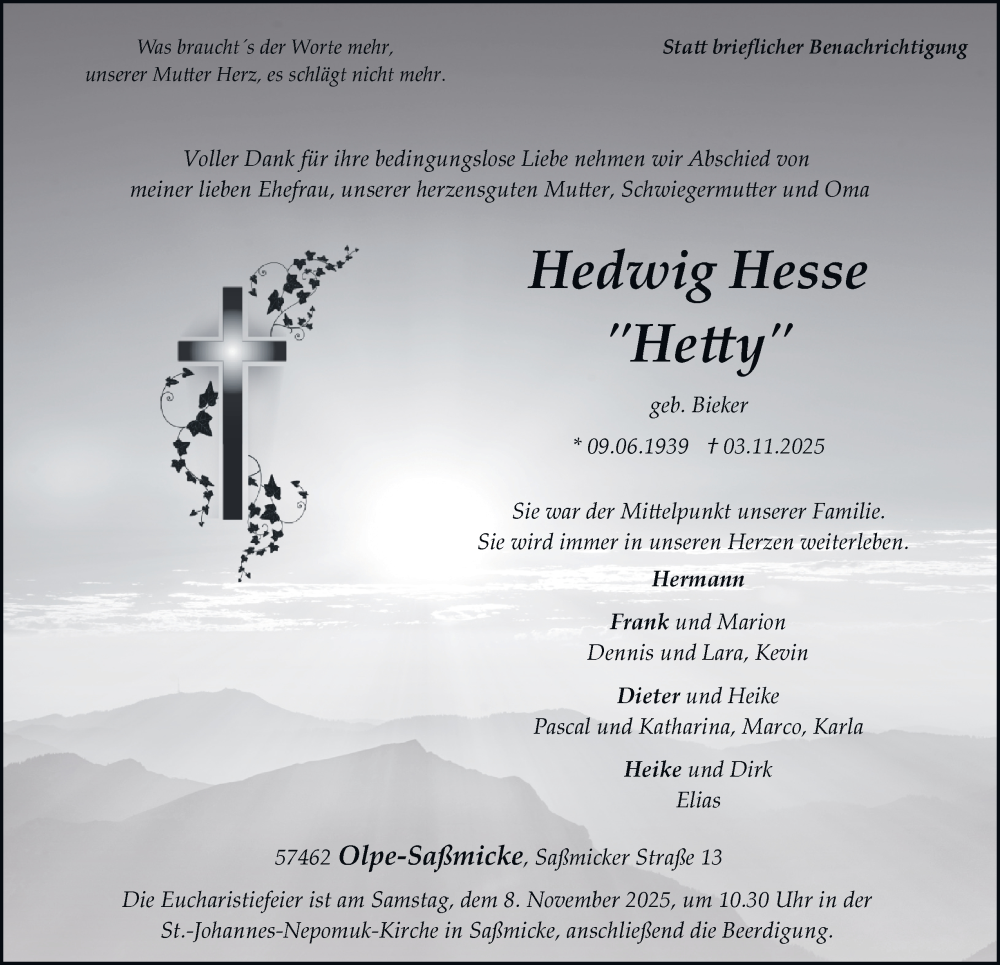  Traueranzeige für Hedwig Hesse vom 06.11.2025 aus Tageszeitung