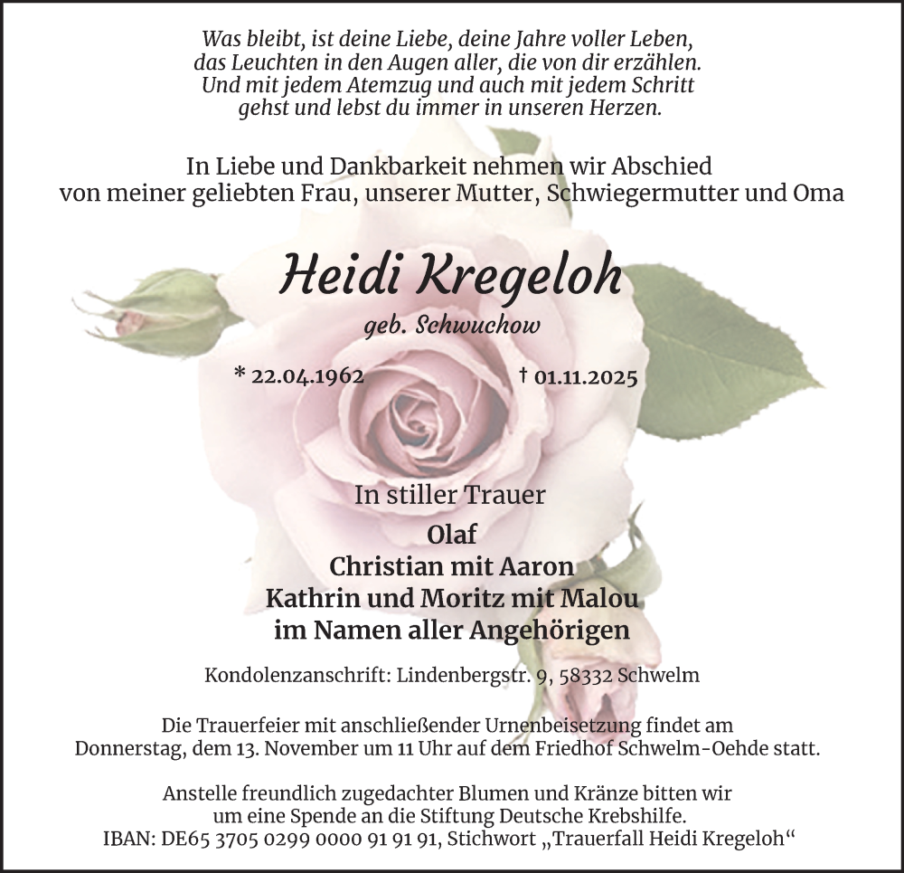  Traueranzeige für Heidi Kregeloh vom 08.11.2025 aus Tageszeitung