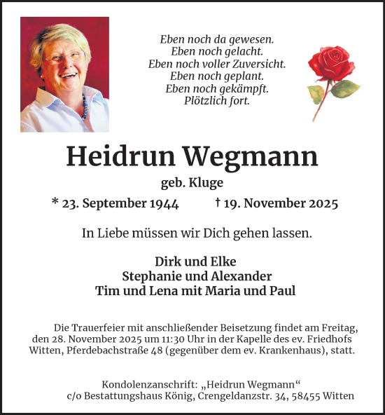 Traueranzeige von Heidrun Wegmann von Tageszeitung