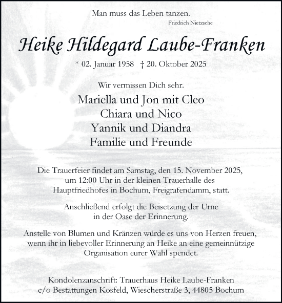 Traueranzeige von Heike Hildegard Laube-Franken von Tageszeitung