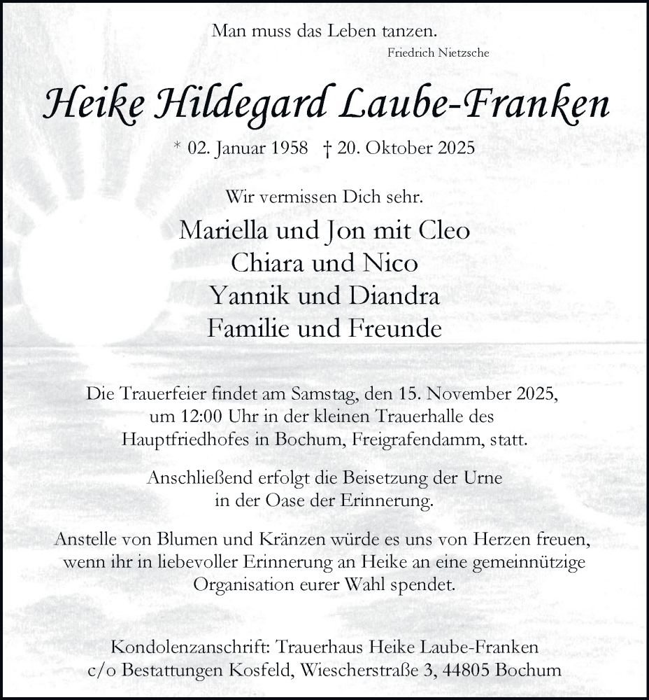  Traueranzeige für Heike Hildegard Laube-Franken vom 08.11.2025 aus Tageszeitung