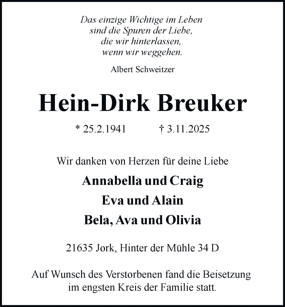  Traueranzeige für Hein-Dirk Breuker vom 15.11.2025 aus Tageszeitung