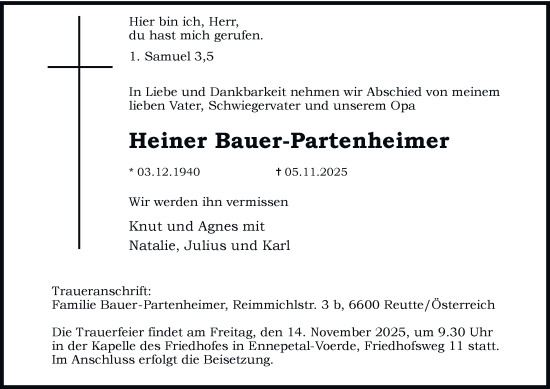 Traueranzeige von Heiner Bauer-Partenheimer von Tageszeitung