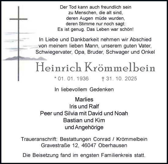 Traueranzeige von Heinrich Krömmelbein von Tageszeitung