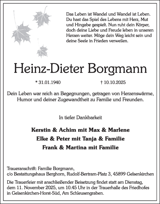 Traueranzeige von Heinz-Dieter Borgmann von Tageszeitung