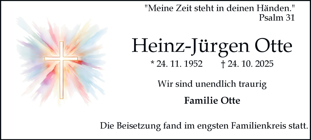  Traueranzeige für Heinz-Jürgen Otte vom 08.11.2025 aus Tageszeitung
