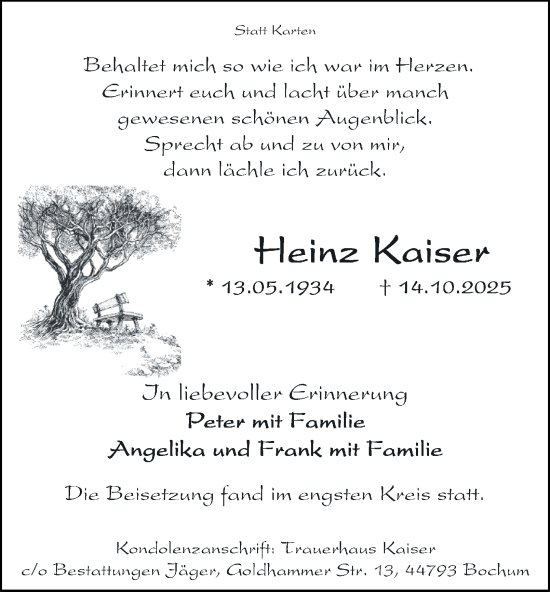 Traueranzeige von Heinz Kaiser von Tageszeitung