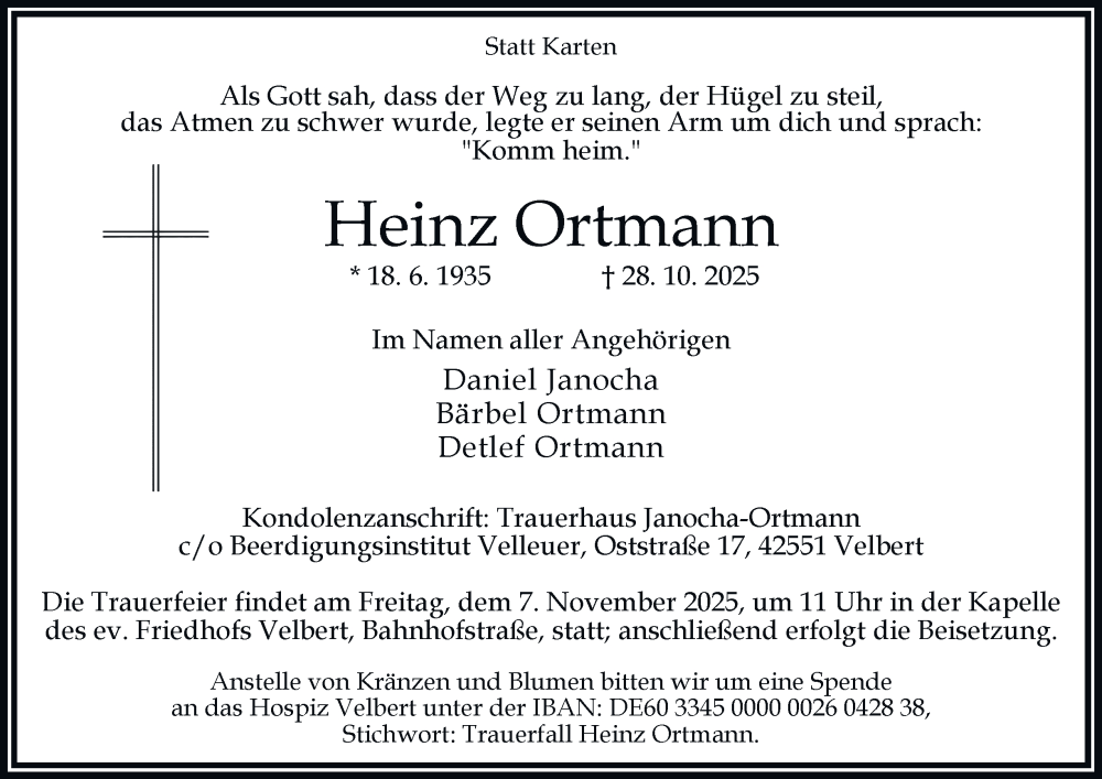  Traueranzeige für Heinz Ortmann vom 04.11.2025 aus Tageszeitung