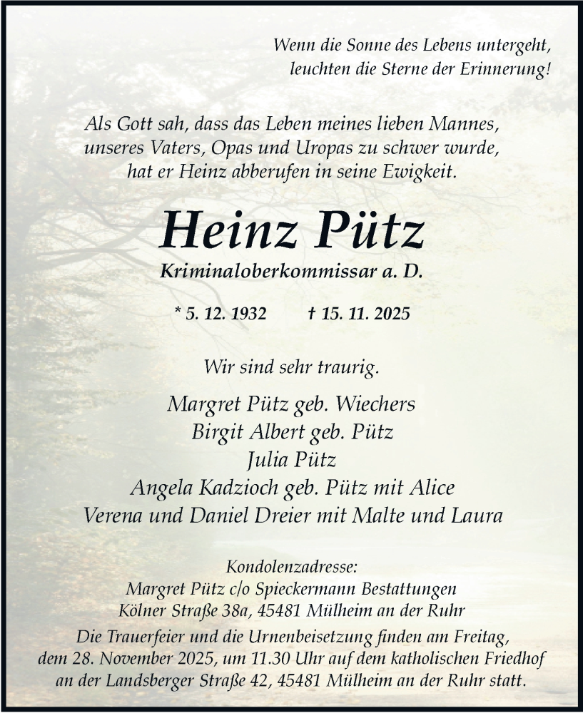 Traueranzeige für Heinz Pütz vom 22.11.2025 aus Tageszeitung