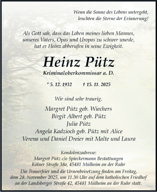 Traueranzeige von Heinz Pütz von Tageszeitung