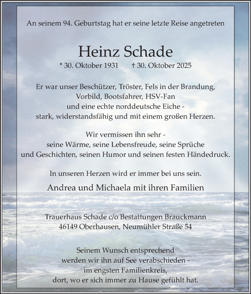  Traueranzeige für Heinz Schade vom 08.11.2025 aus Tageszeitung