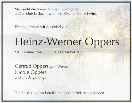 Traueranzeige von Heinz-Werner Oppers von Tageszeitung