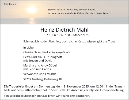 Traueranzeige von Heinz Dietrich Mähl von Tageszeitung
