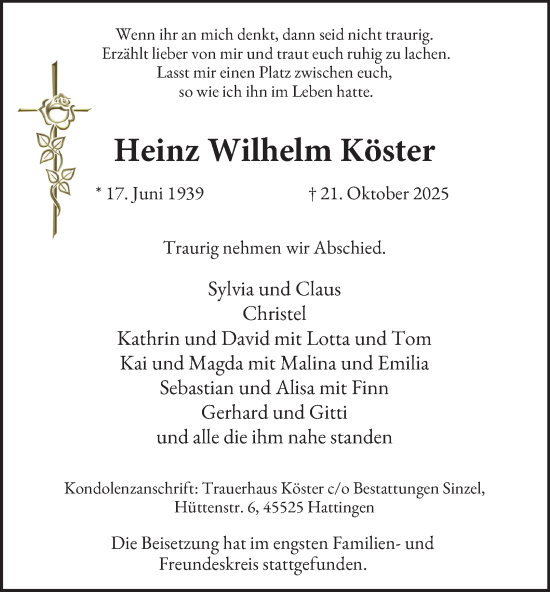 Traueranzeige von Heinz Wilhelm Köster von Tageszeitung