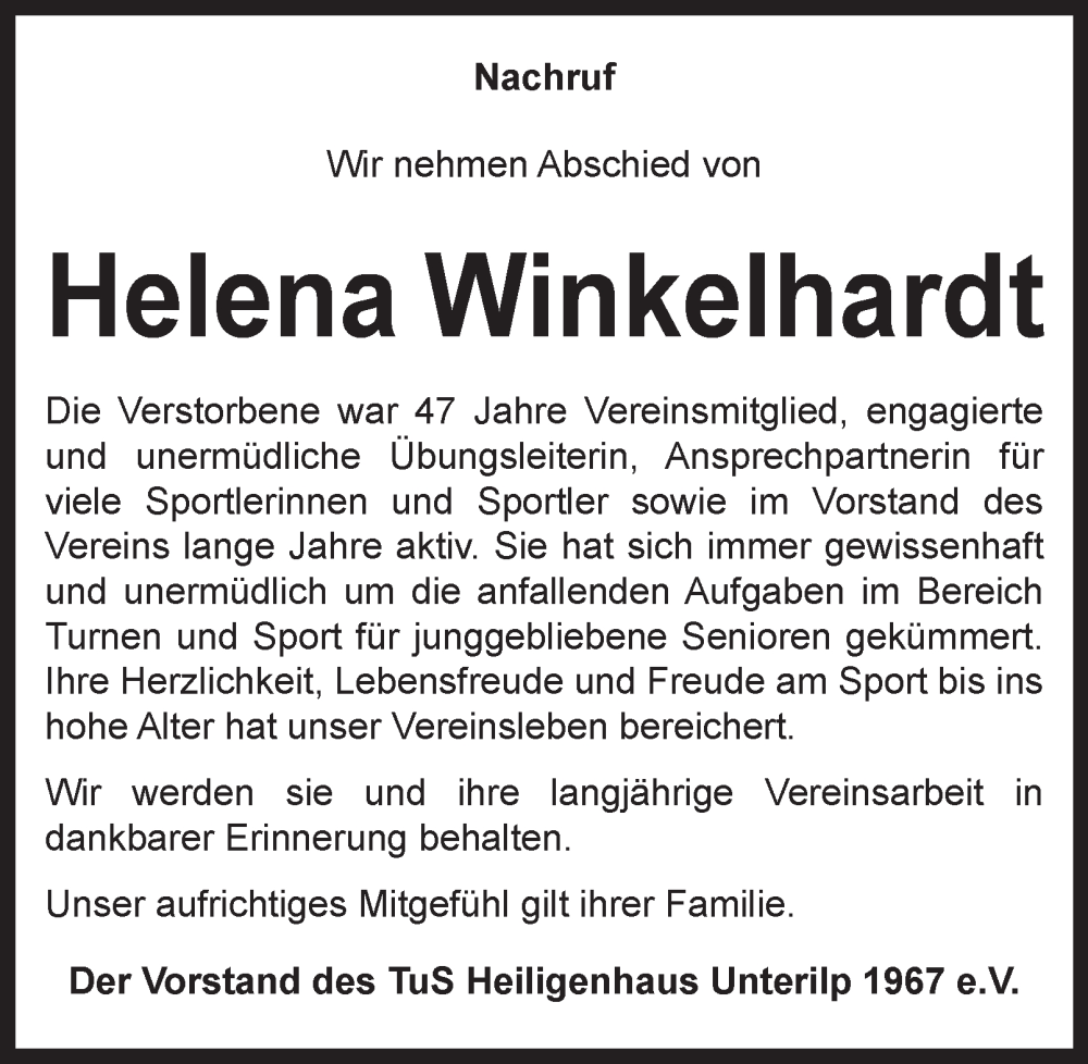  Traueranzeige für Helena Winkelhardt vom 15.11.2025 aus Tageszeitung