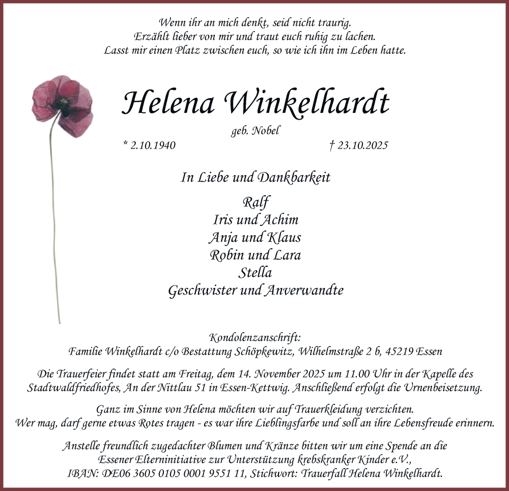  Traueranzeige für Helena Winkelhardt vom 08.11.2025 aus Tageszeitung