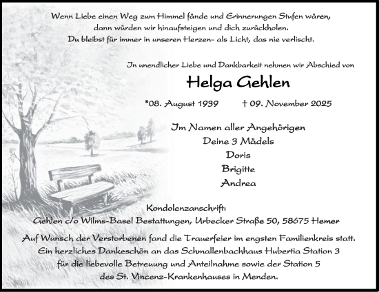 Traueranzeige von Helga Gehlen von Tageszeitung