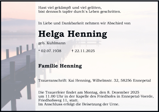 Traueranzeige von Helga Henning von Tageszeitung
