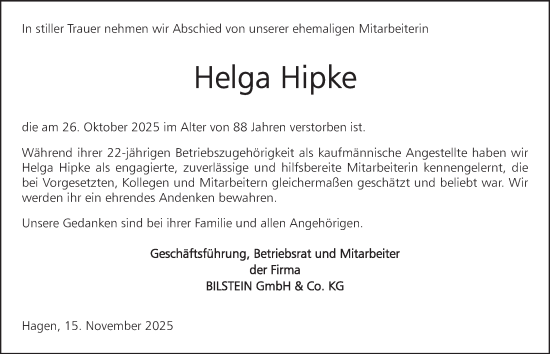 Traueranzeige von Helga Hipke von Tageszeitung
