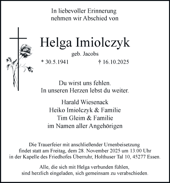 Traueranzeige von Helga Imiolczyk von Tageszeitung
