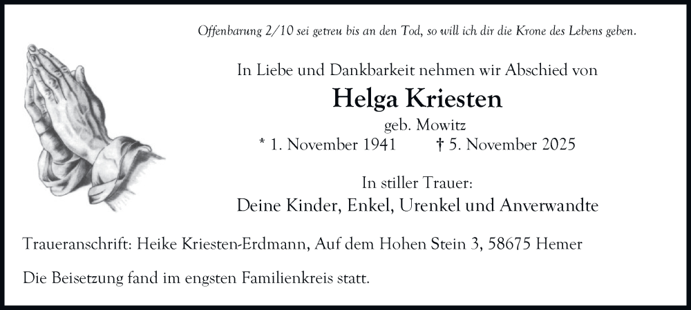  Traueranzeige für Helga Kriesten vom 29.11.2025 aus Tageszeitung