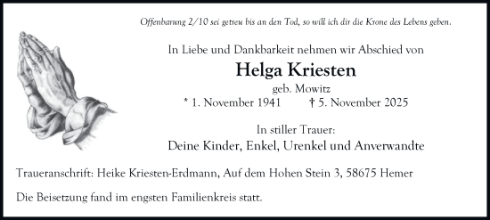 Traueranzeige von Helga Kriesten von Tageszeitung