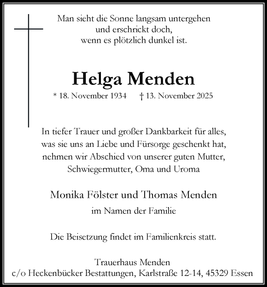 Traueranzeige von Helga Menden von Tageszeitung