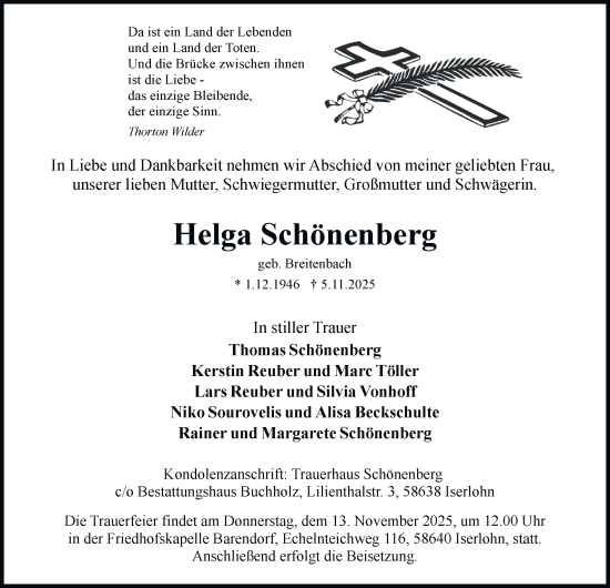 Traueranzeige von Helga Schönenberg von Tageszeitung