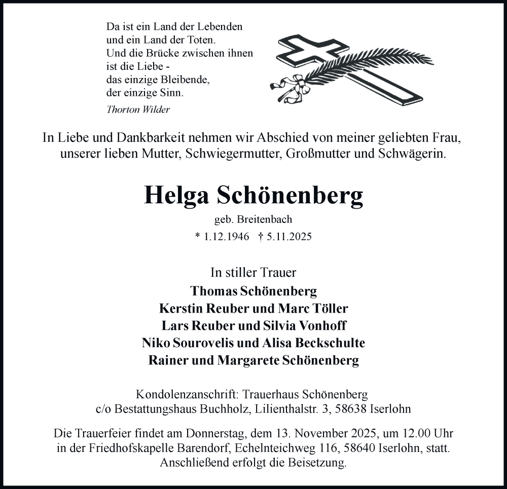  Traueranzeige für Helga Schönenberg vom 08.11.2025 aus Tageszeitung