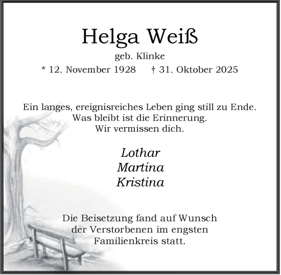 Traueranzeige von Helga Weiß von Tageszeitung