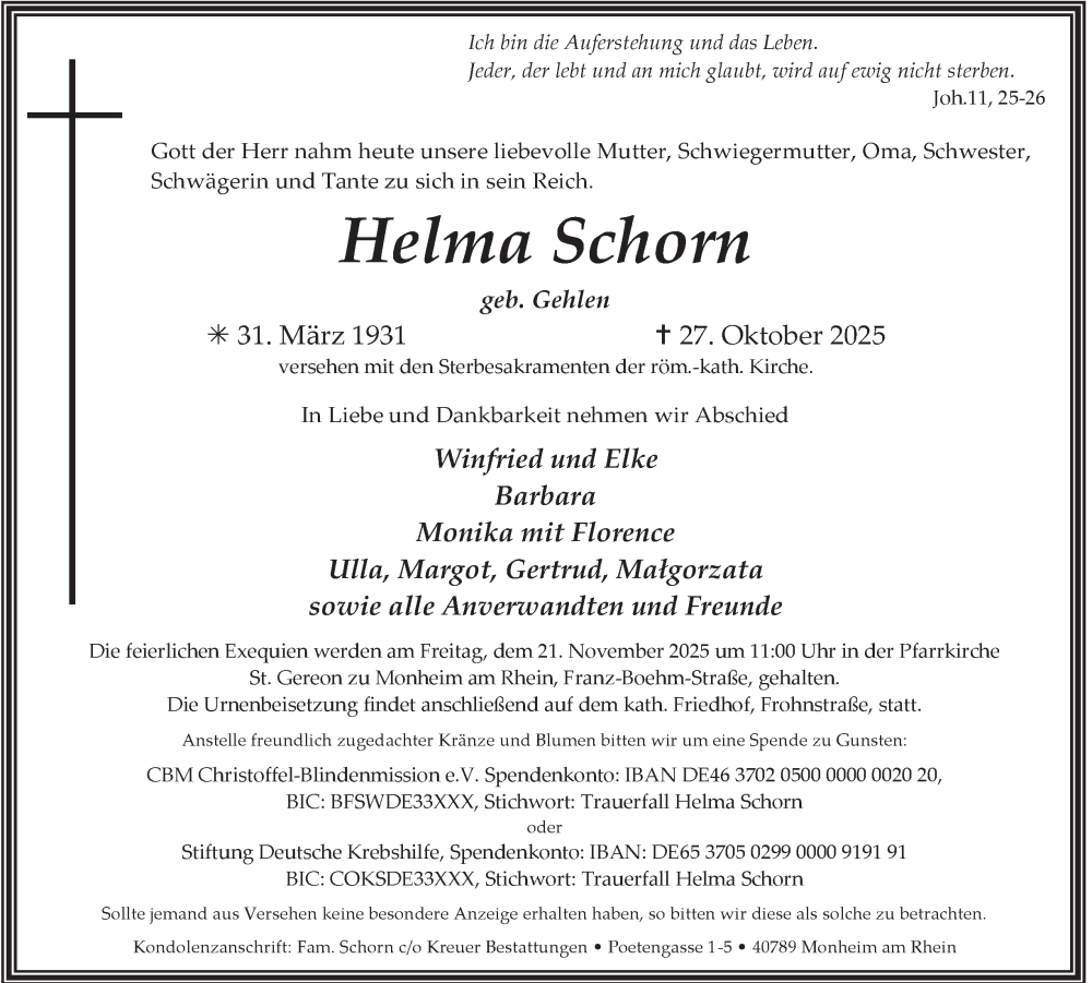  Traueranzeige für Helma Schorn vom 08.11.2025 aus Tageszeitung