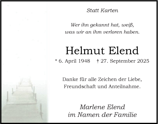 Traueranzeige von Helmut Elend von Tageszeitung