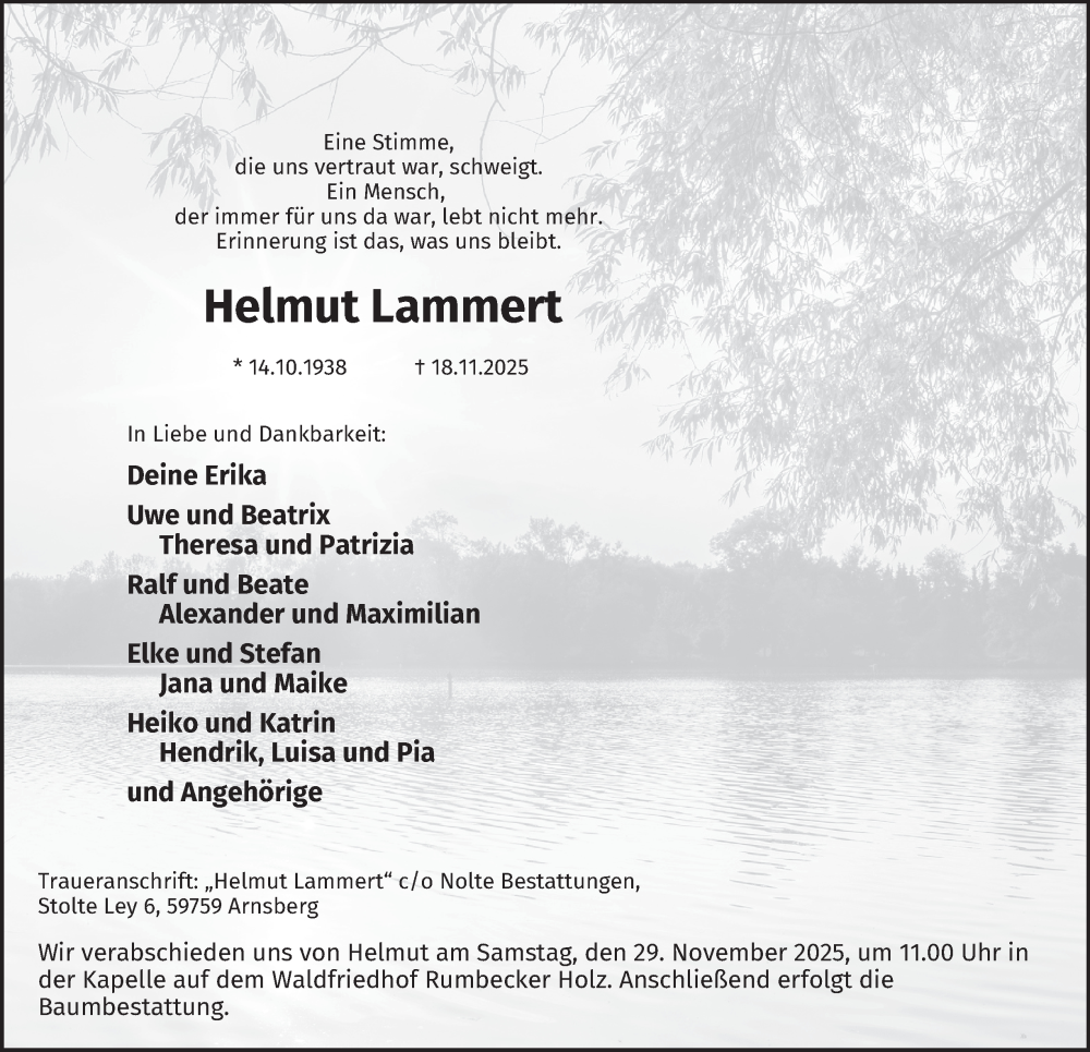  Traueranzeige für Helmut Lammert vom 22.11.2025 aus Tageszeitung